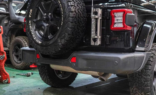2007–2018 Jeep Wrangler JK 10th Anniversary rear bumper installed on black Rubicon Wrangler