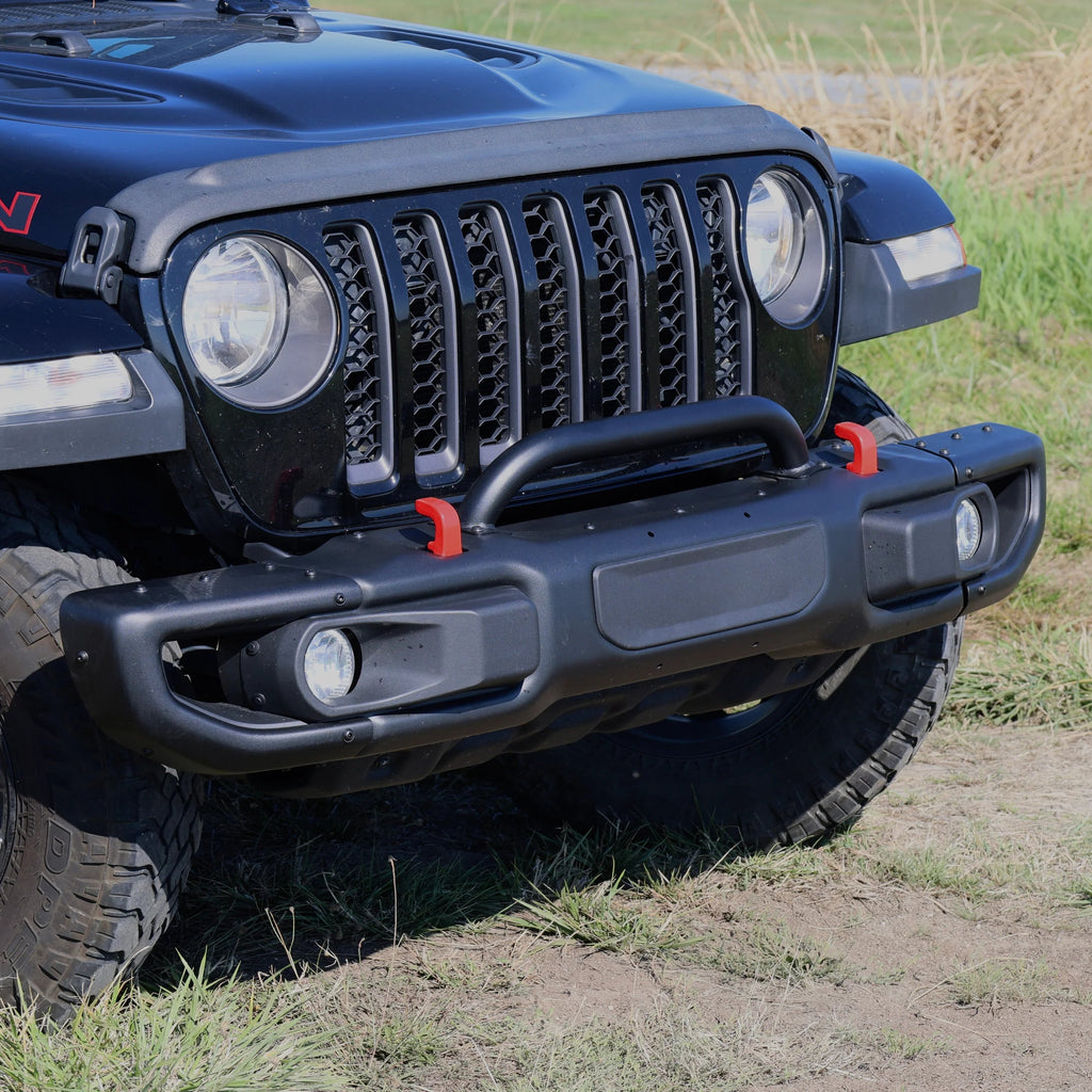 close-up of 2007–2018 Jeep Wrangler JK winch mount front bumper installed on vehicle