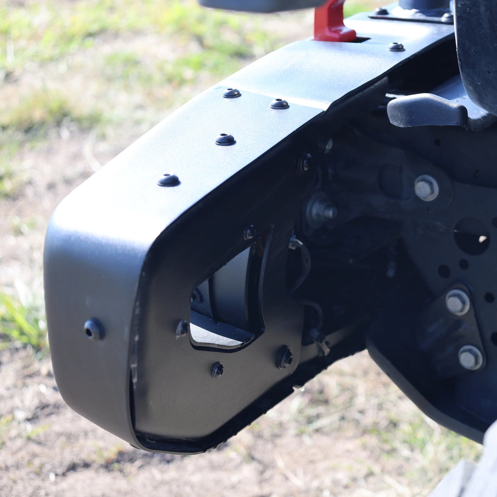 corner detail of 2007–2018 Jeep Wrangler JK winch mount front bumper showing construction and finish