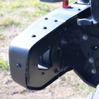 corner detail of 2007–2018 Jeep Wrangler JK winch mount front bumper showing construction and finish