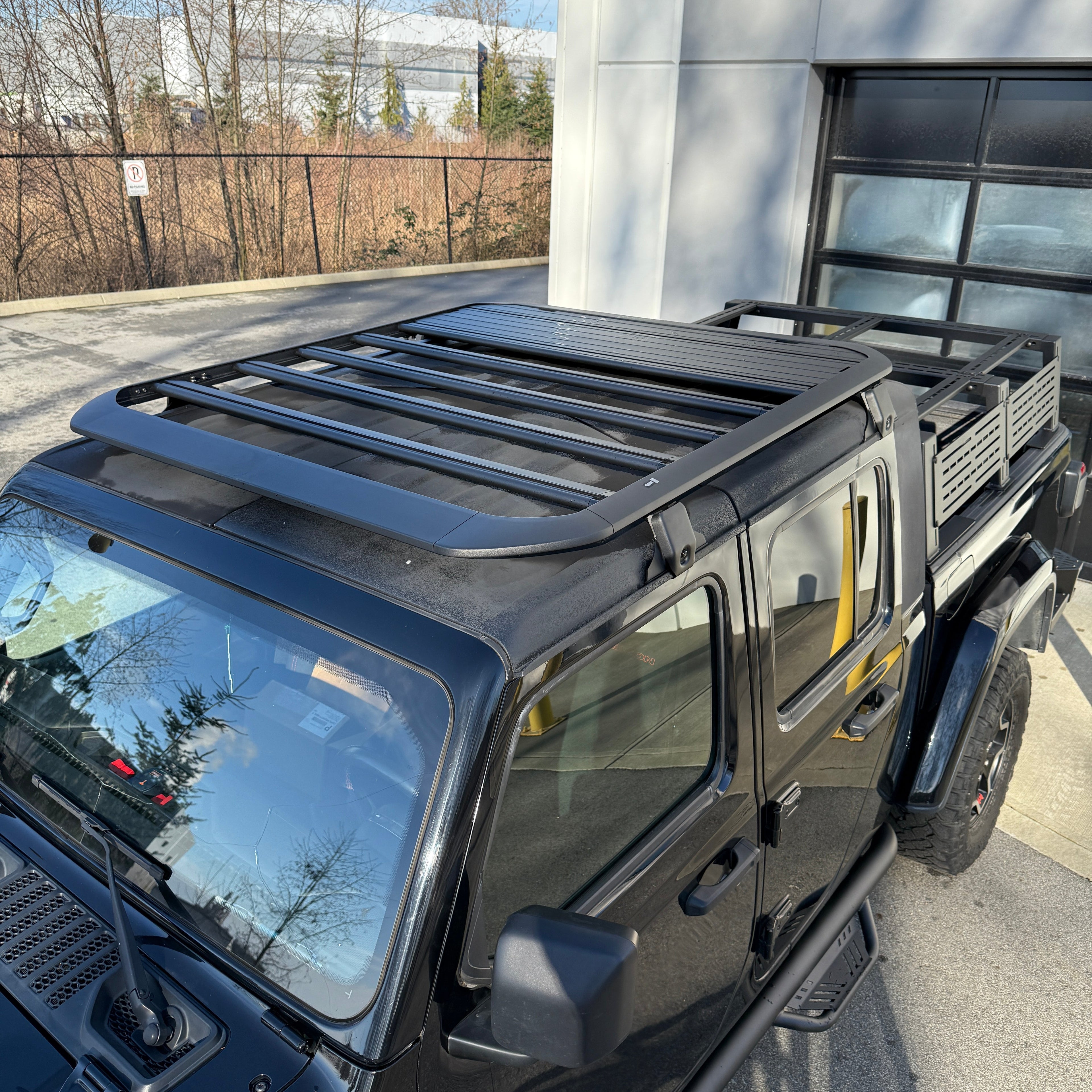 rear view of 2018–2026 Jeep Gladiator JT aluminum aero roof rack installed on vehicle