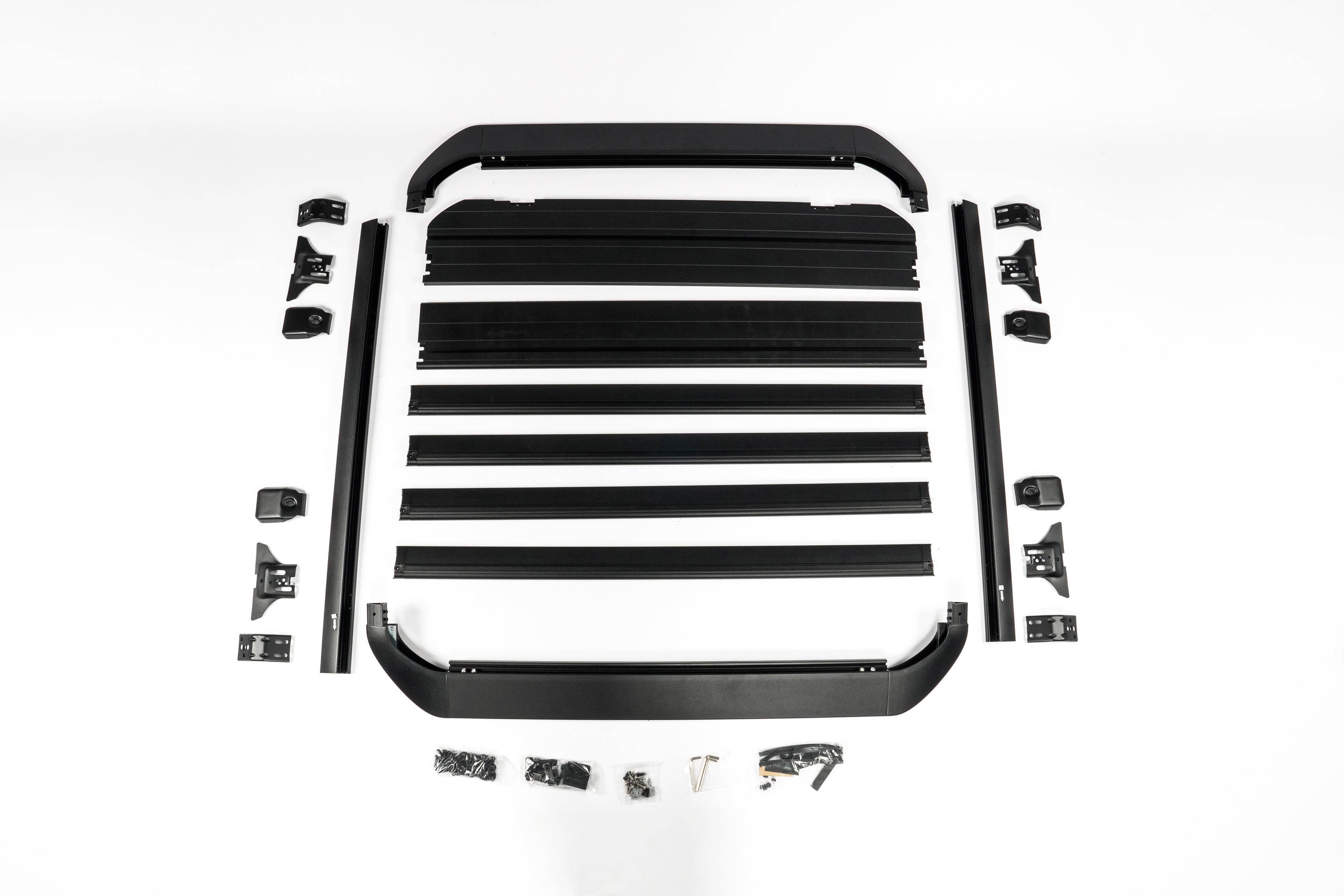 2018–2026 Jeep Wrangler JL and Gladiator JT aluminum aero roof rack assembly on white background