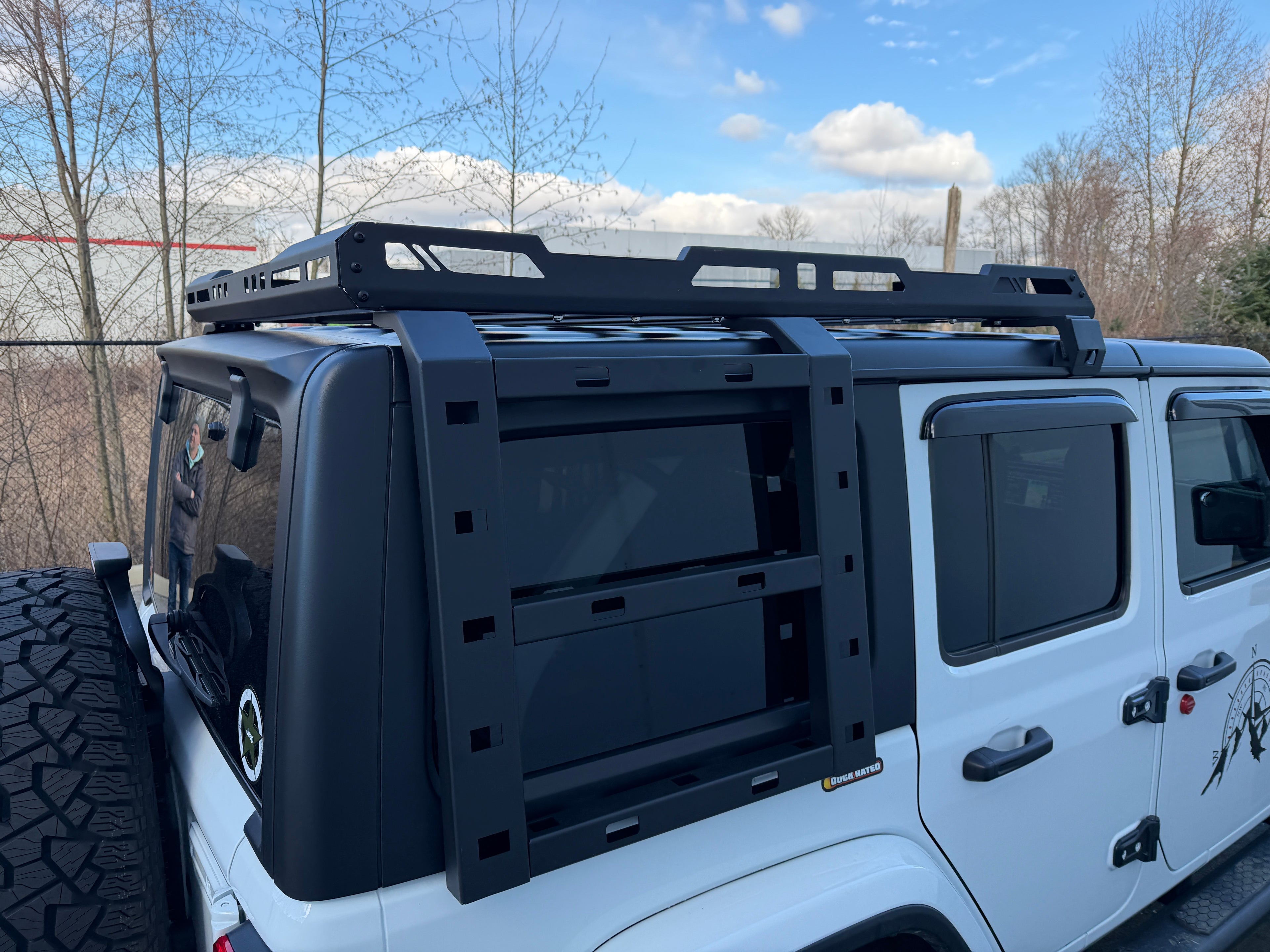 close-up of Hurricane roof rack and side ladders on 2018–2026 Jeep Wrangler JL and Gladiator JT