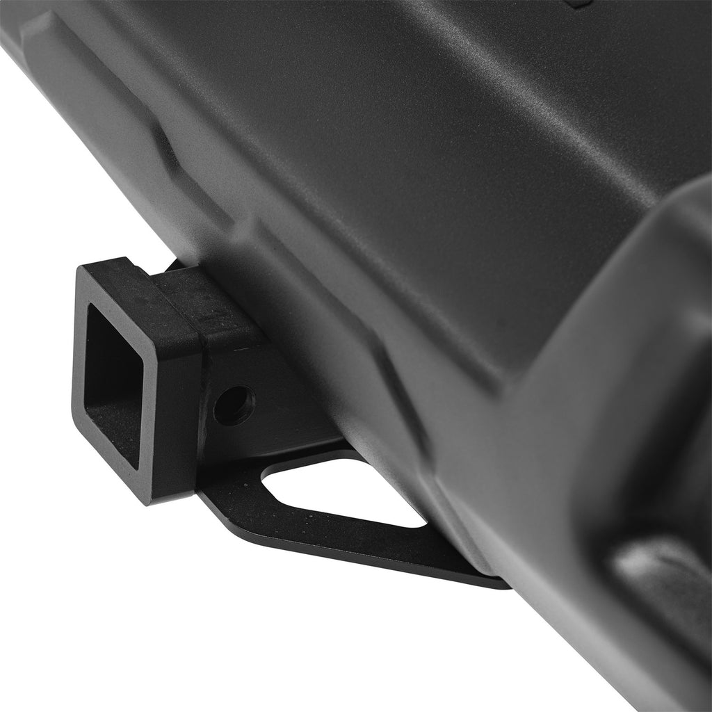 side close-up of hitch on 2018–2026 Jeep Wrangler JL modular rear bumper