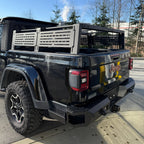 side view of 2020–2026 Jeep Gladiator JT with bed cargo rack and off-road rear bumper installed