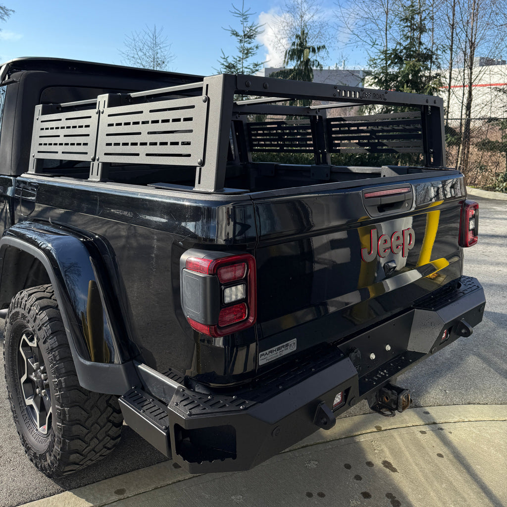 rear view of 2020–2026 Jeep Gladiator JT bed cargo rack installed on vehicle