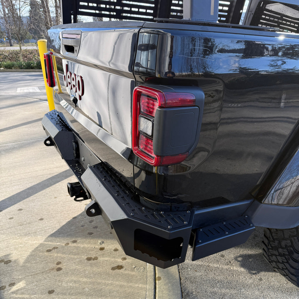 close-up side angle view of 2020–2026 Jeep Gladiator JT off-road rear bumper