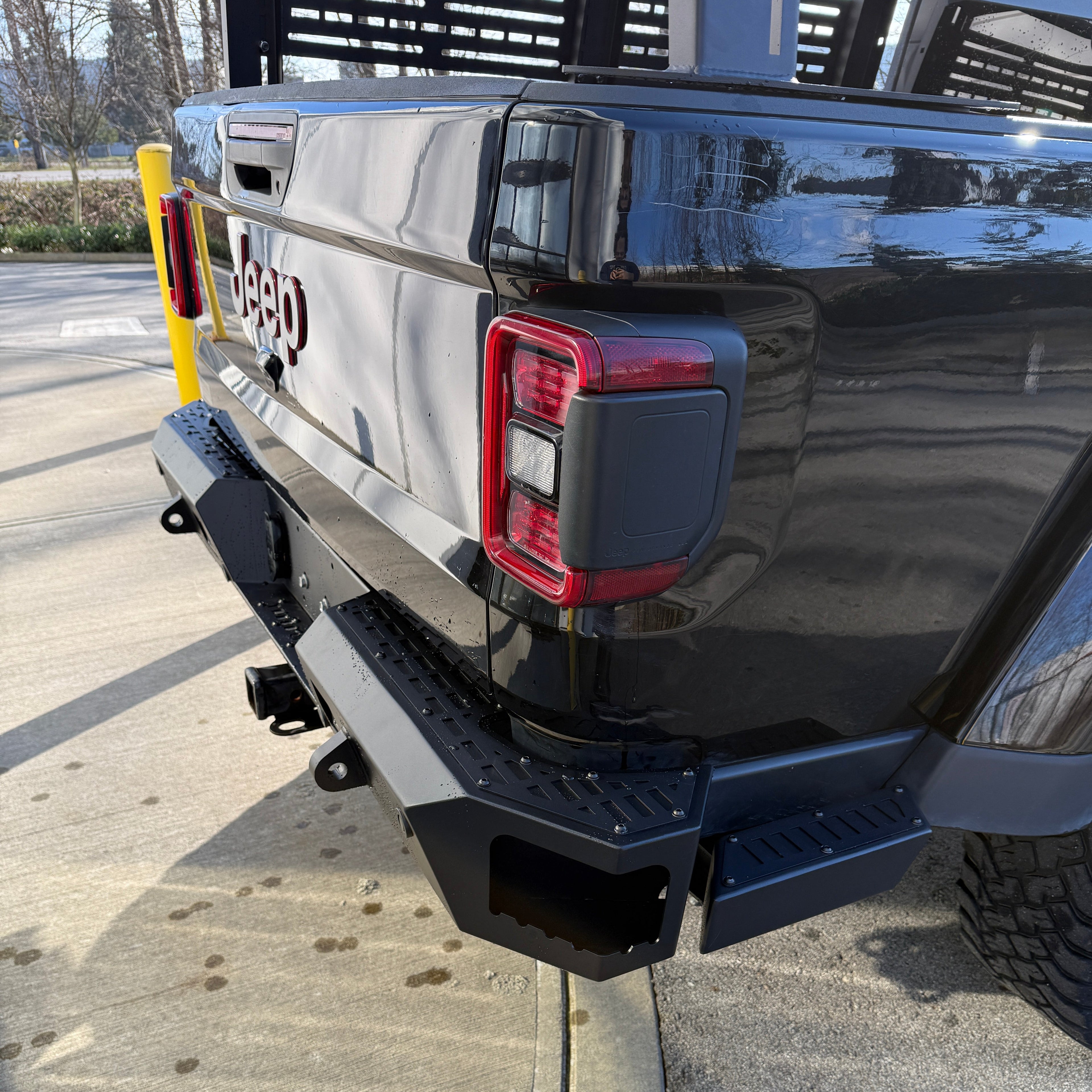 close-up side angle view of 2020–2026 Jeep Gladiator JT off-road rear bumper