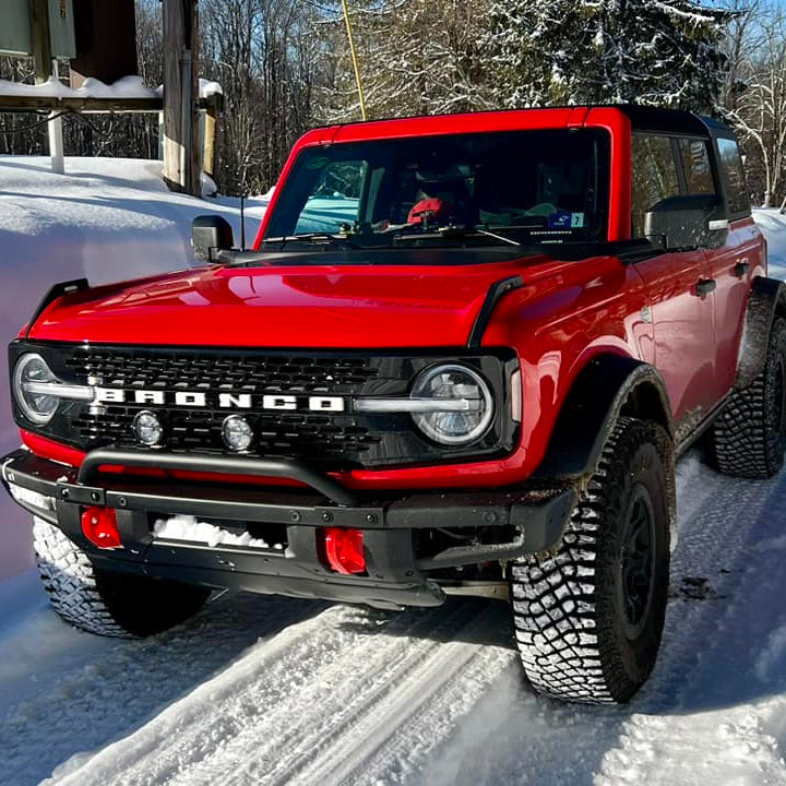 2021–2026 Ford Bronco modular front bumper front view installed on red Bronco