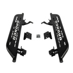 Front view of cab length side steps for 2021-2023 Ford Bronco 2 door textured black with white Bronco lettering