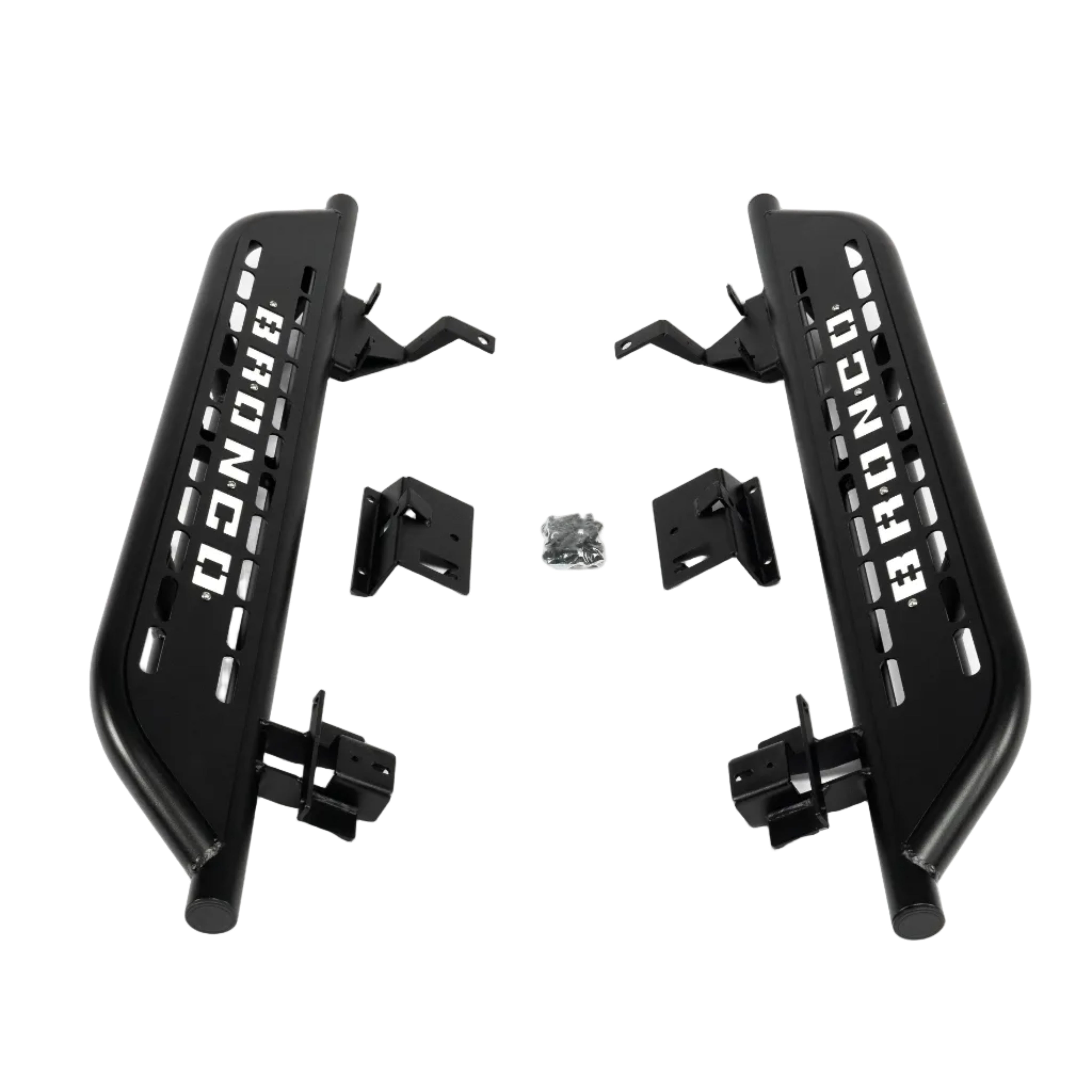 Front view of cab length side steps for 2021-2023 Ford Bronco 2 door textured black with white Bronco lettering