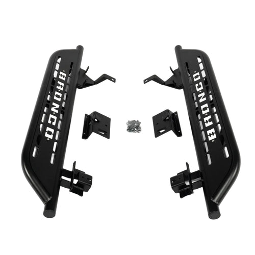 Front view of cab length side steps for 2021-2023 Ford Bronco 2 door textured black with white Bronco lettering