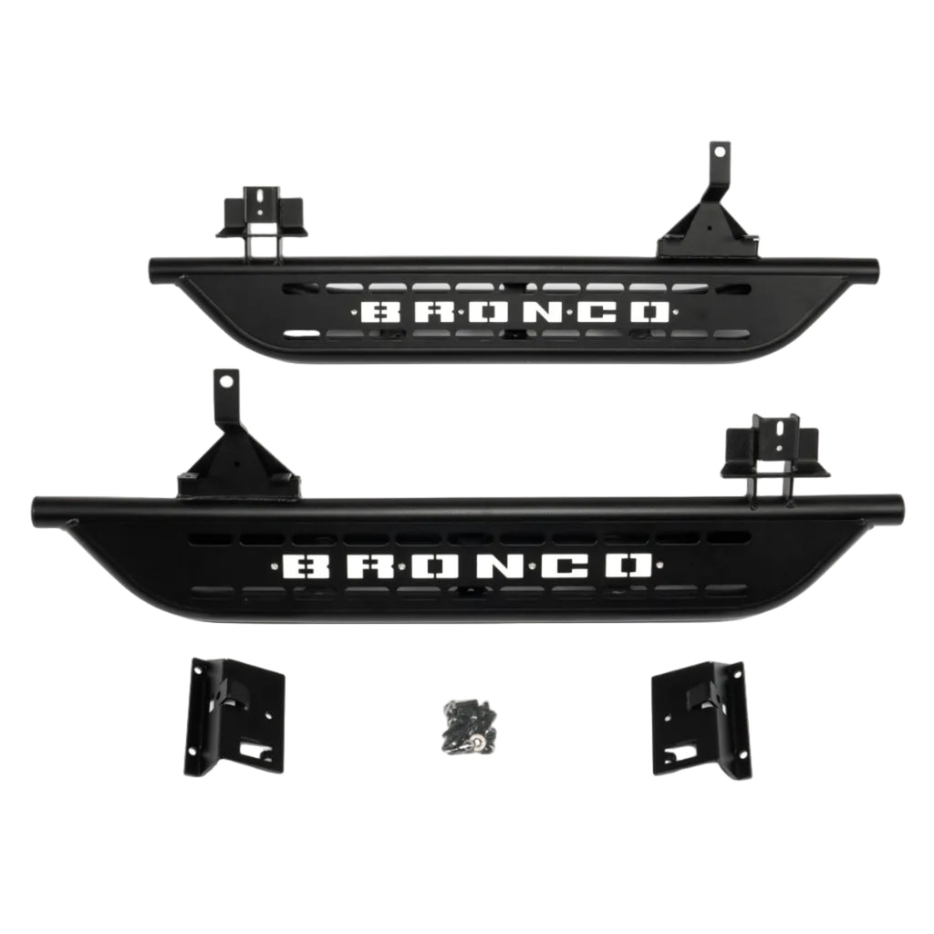 Cab length side steps for 2021-2023 Ford Bronco 2 door textured black with white Bronco lettering main view