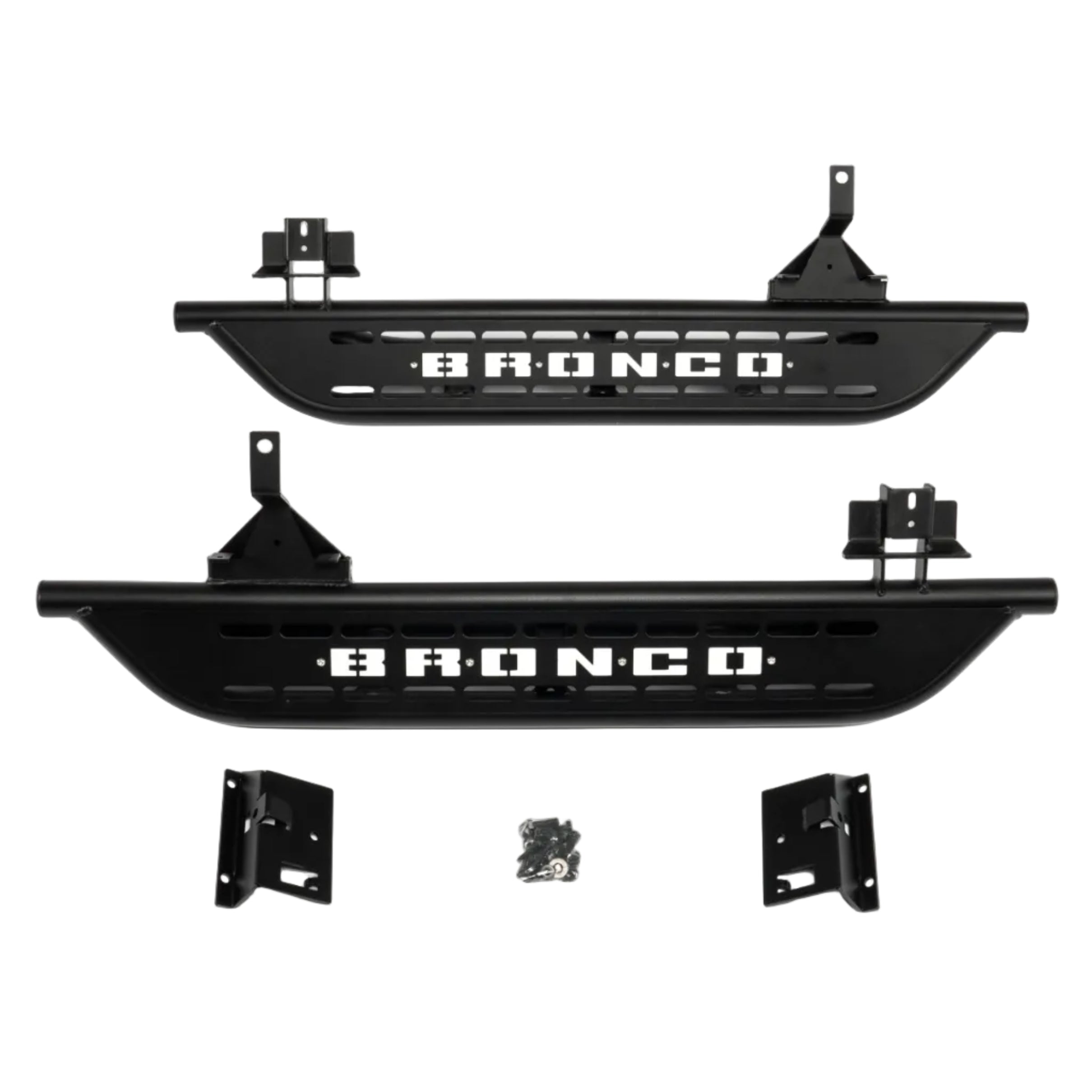 Cab length side steps for 2021-2023 Ford Bronco 2 door textured black with white Bronco lettering main view