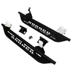 Packaged view of cab length side steps for 2021-2023 Ford Bronco 2 door textured black with white Bronco lettering